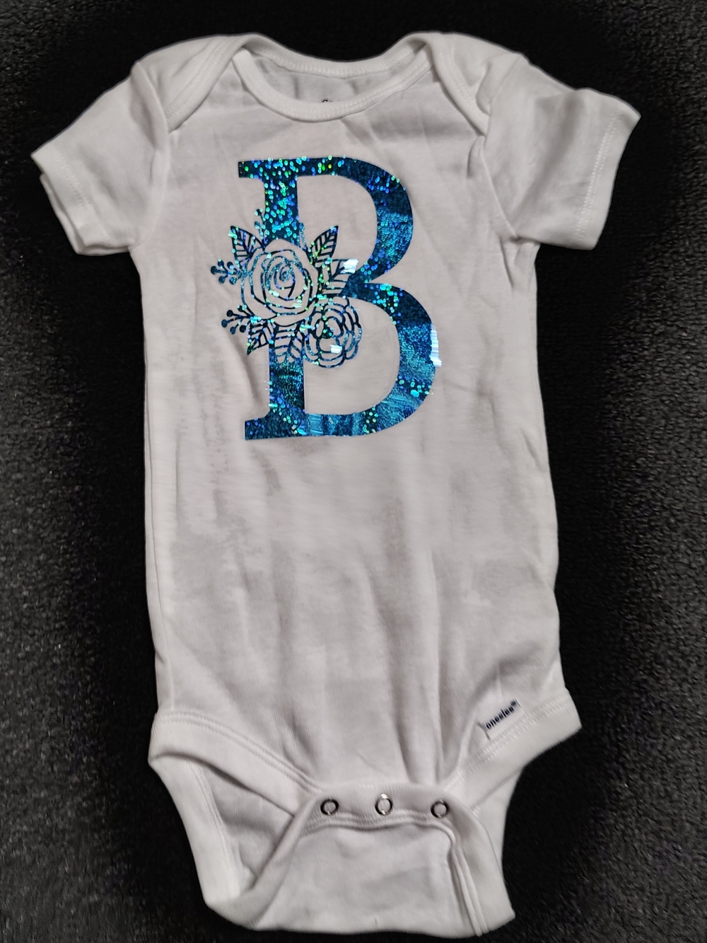 CUSTOM Holographic Letter B Flower White Baby Bodysuit Size 12 Months New